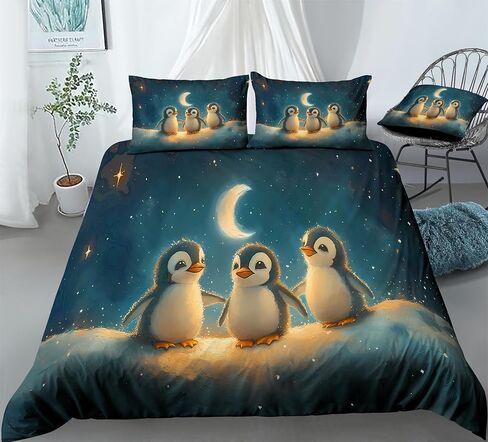 REALIN Arctic Night View Penguin Bedding Cartoon Cute Penguin Duvet Cover Set Girl Boy Kids Bed Sets 3/4PCS Quilt Covers/Sheets/Pillow Shams,Twin/Full/Queen/King (A,Full-200x229cm-3PCS) in Saudi Arabia