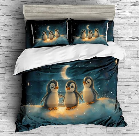 REALIN Arctic Night View Penguin Bedding Cartoon Cute Penguin Duvet Cover Set Girl Boy Kids Bed Sets 3/4PCS Quilt Covers/Sheets/Pillow Shams,Twin/Full/Queen/King (A,Full-200x229cm-3PCS) in Saudi Arabia