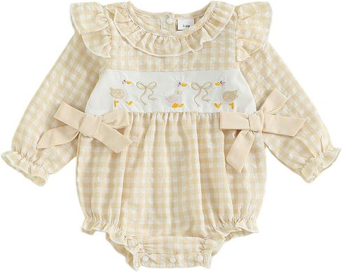 Infant Baby Girl Outfit Goose Embroidery Plaid Long Sleeve Smocked Bubble Romper Bodysuit Newborn Farm Clothes Fall in Saudi Arabia