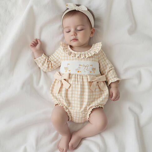 Infant Baby Girl Outfit Goose Embroidery Plaid Long Sleeve Smocked Bubble Romper Bodysuit Newborn Farm Clothes Fall in Saudi Arabia
