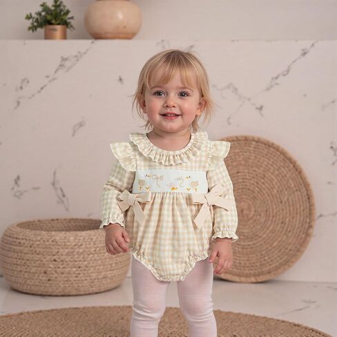 Infant Baby Girl Outfit Goose Embroidery Plaid Long Sleeve Smocked Bubble Romper Bodysuit Newborn Farm Clothes Fall in Saudi Arabia