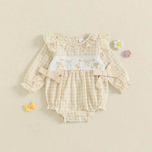 Infant Baby Girl Outfit Goose Embroidery Plaid Long Sleeve Smocked Bubble Romper Bodysuit Newborn Farm Clothes Fall in Saudi Arabia