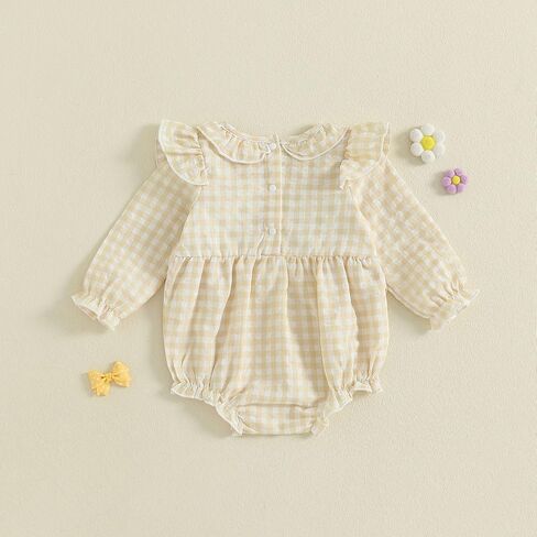 Infant Baby Girl Outfit Goose Embroidery Plaid Long Sleeve Smocked Bubble Romper Bodysuit Newborn Farm Clothes Fall in Saudi Arabia