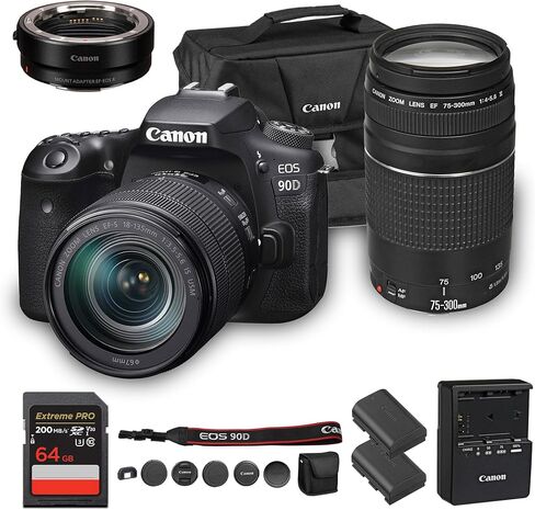 كاميرا كانون EOS 90D DSLR مع عدسة 18-135 ملم | مستشعر APS-C بدقة 32.5 ميجابكسل، والتركيز البؤري التلقائي ثنائي البكسل، وفيديو بدقة 4K | تصوير الحياة البرية والرياضة + عدسة Canon EF 75-300mm f/4-5.6 III + محول EF-EOS R + LP-E6P + المزيد in Kuwait