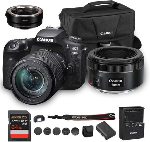 كاميرا كانون EOS 90D DSLR مع عدسة 18-135 ملم | مستشعر APS-C بدقة 32.5 ميجابكسل، والتركيز البؤري التلقائي ثنائي البكسل، وفيديو بدقة 4K | لتصوير الحياة البرية والرياضة (3616C016) + عدسة Canon EF 50mm f/1.8 STM + محول EF-EOS R + المزيد in Kuwait