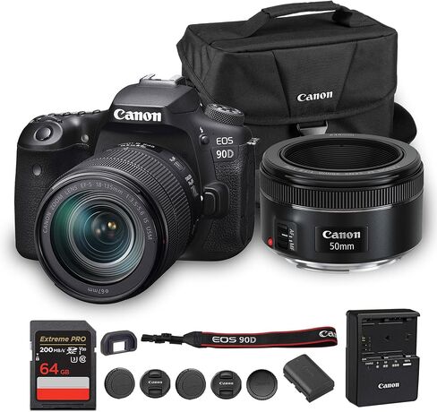 كاميرا كانون EOS 90D DSLR مع عدسة 18-135 ملم | مستشعر APS-C بدقة 32.5 ميجابكسل، والتركيز البؤري التلقائي ثنائي البكسل، وفيديو بدقة 4K | لتصوير الحياة البرية والرياضة والسفر (3616C016) + عدسة Canon EF 50mm f/1.8 STM + حقيبة + بطاقة سعة 64 جيجابايت in Kuwait