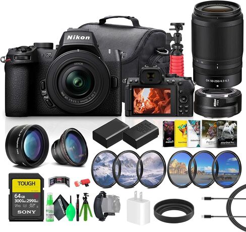 كاميرا Nikon Z50 II الرقمية المدمجة بدون مرآة مع طقم عدسات تكبير 16-50 مم و50-250 مم من NIKKOR Z DX + محول تركيب Nikon FTZ II + بطاقة ذاكرة سعة 64 جيجابايت + EN-EL25 + برنامج صور + المزيد in Saudi Arabia