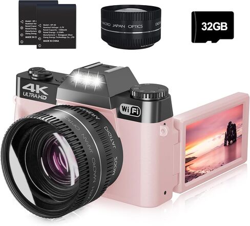 4K Digital Camera for Photography, 56MP Vlogging Camera for YouTube with 3" 180° Flip Screen,16X Digital Zoom,Autofocus,52mm Wide Angle & Macro Lens,32GB TF Card and 2 Batteries Pink in Saudi Arabia