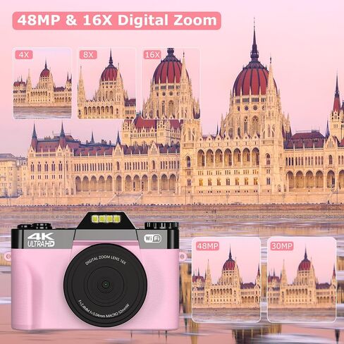 4K Digital Camera for Photography, 56MP Vlogging Camera for YouTube with 3" 180° Flip Screen,16X Digital Zoom,Autofocus,52mm Wide Angle & Macro Lens,32GB TF Card and 2 Batteries Pink in Saudi Arabia