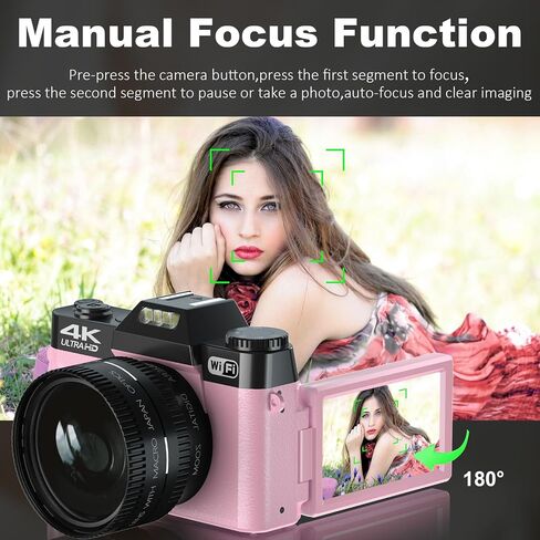 4K Digital Camera for Photography, 56MP Vlogging Camera for YouTube with 3" 180° Flip Screen,16X Digital Zoom,Autofocus,52mm Wide Angle & Macro Lens,32GB TF Card and 2 Batteries Pink in Saudi Arabia