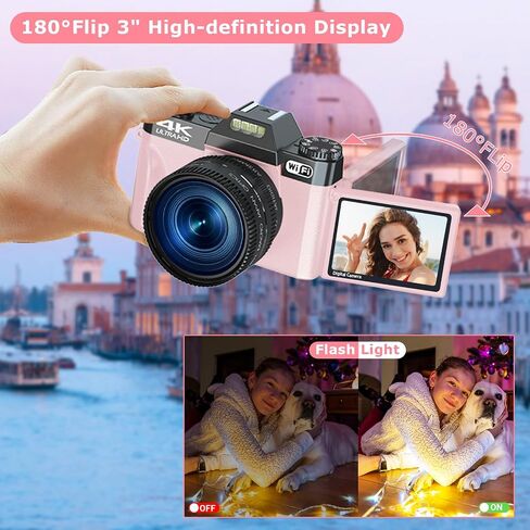4K Digital Camera for Photography, 56MP Vlogging Camera for YouTube with 3" 180° Flip Screen,16X Digital Zoom,Autofocus,52mm Wide Angle & Macro Lens,32GB TF Card and 2 Batteries Pink in Saudi Arabia