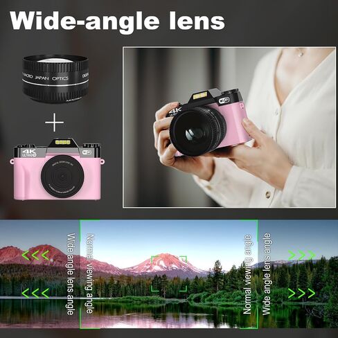 4K Digital Camera for Photography, 56MP Vlogging Camera for YouTube with 3" 180° Flip Screen,16X Digital Zoom,Autofocus,52mm Wide Angle & Macro Lens,32GB TF Card and 2 Batteries Pink in Saudi Arabia