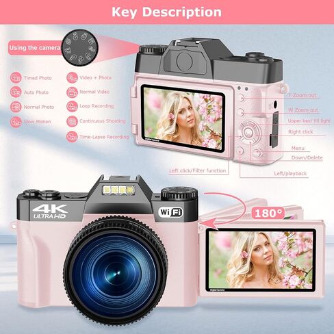 4K Digital Camera for Photography, 56MP Vlogging Camera for YouTube with 3" 180° Flip Screen,16X Digital Zoom,Autofocus,52mm Wide Angle & Macro Lens,32GB TF Card and 2 Batteries Pink in Saudi Arabia