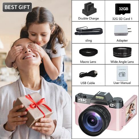 4K Digital Camera for Photography, 56MP Vlogging Camera for YouTube with 3" 180° Flip Screen,16X Digital Zoom,Autofocus,52mm Wide Angle & Macro Lens,32GB TF Card and 2 Batteries Pink in Saudi Arabia