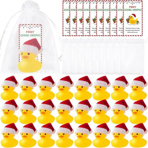 Shemilly 24 Sets Christmas Rubber Ducks Gifts Holiday Rubber Ducks with Hats Ducking Card Organza Bags Bulk Thank You Gift Set for Employee Teacher Students Team Coworkers Christmas Party Favors in Saudi Arabia