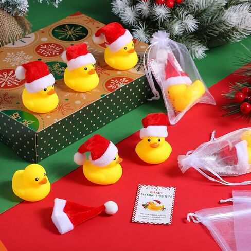 Shemilly 24 Sets Christmas Rubber Ducks Gifts Holiday Rubber Ducks with Hats Ducking Card Organza Bags Bulk Thank You Gift Set for Employee Teacher Students Team Coworkers Christmas Party Favors in Saudi Arabia
