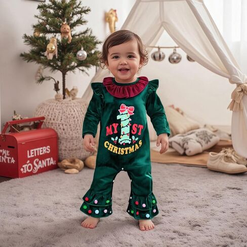 زي عيد الميلاد الأول للفتيات الصغيرات بأكمام طويلة ورومبير مخملي من الأسفل ملابس عيد الميلاد للفتيات حديثي الولادة in Saudi Arabia
