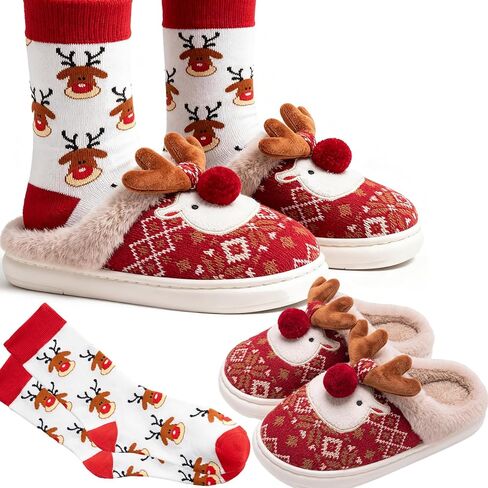 Christmas Slippers with Socks for Women Fluffy Reindeer House Slippers,Soft Rubber Slip on Anti-Skid Sole in Kuwait