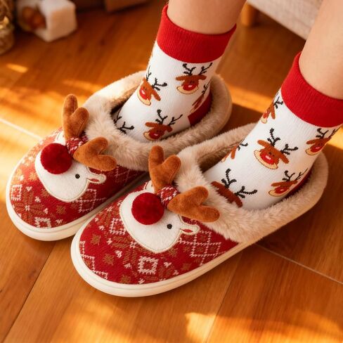 Christmas Slippers with Socks for Women Fluffy Reindeer House Slippers,Soft Rubber Slip on Anti-Skid Sole in Kuwait