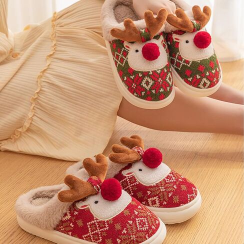 Christmas Slippers with Socks for Women Fluffy Reindeer House Slippers,Soft Rubber Slip on Anti-Skid Sole in Kuwait