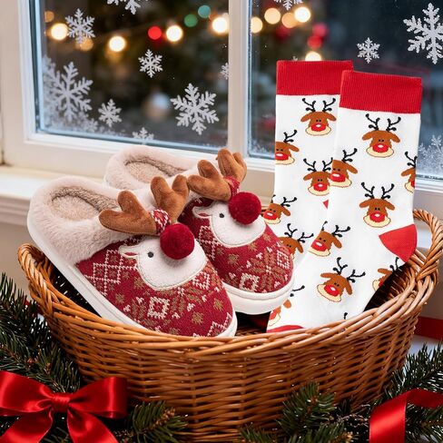 Christmas Slippers with Socks for Women Fluffy Reindeer House Slippers,Soft Rubber Slip on Anti-Skid Sole in Kuwait