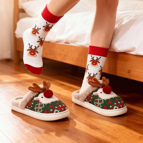 Christmas Slippers with Socks for Women Fluffy Reindeer House Slippers,Soft Rubber Slip on Anti-Skid Sole in Kuwait