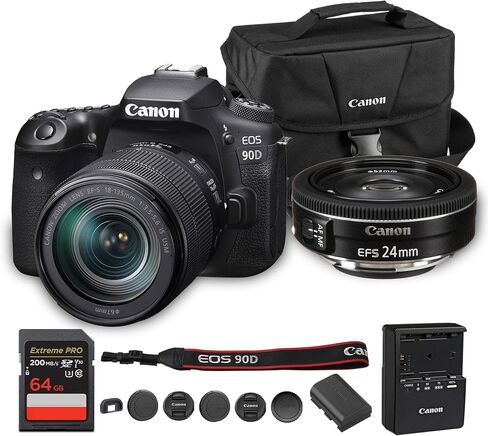 كاميرا كانون EOS 90D DSLR مع عدسة 18-135 ملم | مستشعر APS-C بدقة 32.5 ميجابكسل، والتركيز البؤري التلقائي ثنائي البكسل، وفيديو بدقة 4K | لتصوير الحياة البرية والرياضة (3616C016) + عدسة Canon EF-S 24mm f/2.8 STM + حقيبة + بطاقة سعة 64 جيجابايت in Saudi Arabia