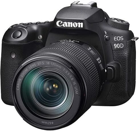 كاميرا كانون EOS 90D DSLR مع عدسة 18-135 ملم | مستشعر APS-C بدقة 32.5 ميجابكسل، والتركيز البؤري التلقائي ثنائي البكسل، وفيديو بدقة 4K | لتصوير الحياة البرية والرياضة (3616C016) + عدسة Canon EF-S 24mm f/2.8 STM + حقيبة + بطاقة سعة 64 جيجابايت in Saudi Arabia
