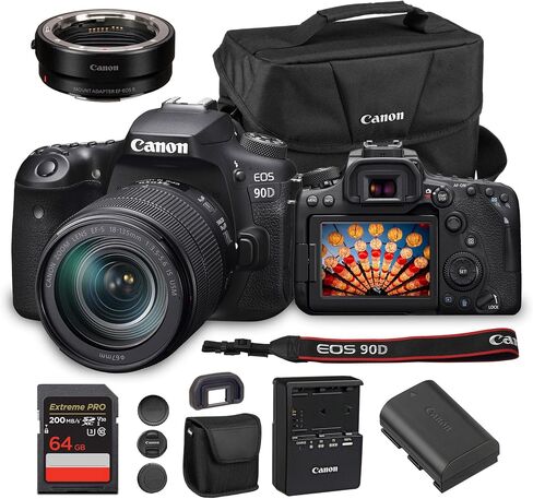 Canon EOS 90D DSLR Camera with 18-135mm Lens | 32.5MP APS-C Sensor, Dual Pixel AF & 4K Video | Ideal for Wildlife, Sports & Travel Photography (3616C016) + Adapter EF-EOS R + Canon Bag + 64GB Card in Saudi Arabia