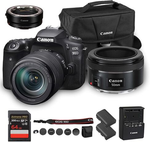 كاميرا كانون EOS 90D DSLR مع عدسة 18-135 ملم | مستشعر APS-C بدقة 32.5 ميجابكسل، والتركيز البؤري التلقائي ثنائي البكسل، وفيديو بدقة 4K | تصوير الحياة البرية والرياضة (3616C016) + عدسة Canon EF 50mm f/1.8 STM + محول EF-EOS R + LP-E6P + المزيد in Saudi Arabia