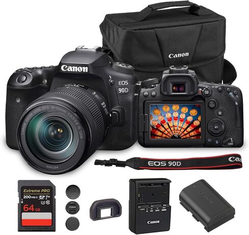 Canon EOS 90D DSLR Camera with 18-135mm Lens | 32.5MP APS-C Sensor, Dual Pixel AF & 4K Video | Ideal for Wildlife, Sports & Travel Photography (3616C016) + Canon EOS 200ES Shoulder Bag + 64GB Card in Saudi Arabia