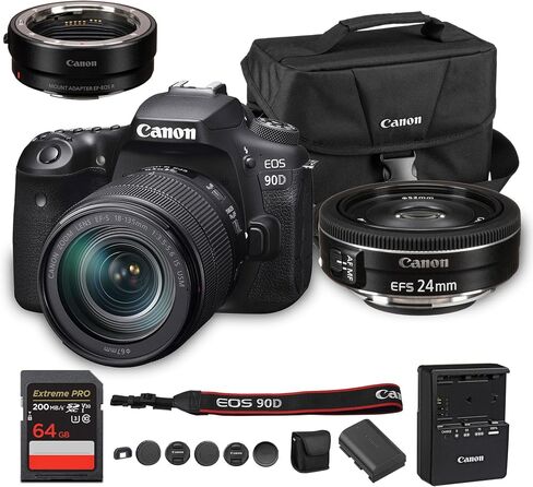 Canon EOS 90D DSLR Camera with 18-135mm Lens | 32.5MP APS-C Sensor, Dual Pixel AF & 4K Video | for Wildlife & Sports Photography (3616C016) + Canon EF-S 24mm f/2.8 STM Lens + Adapter EF-EOS R + More in Saudi Arabia