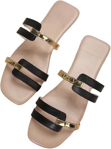 OYOANGLE Women's Metallic Cut Out Square Toe Sandals Dressy PU Leather Slip on Flats in Saudi Arabia