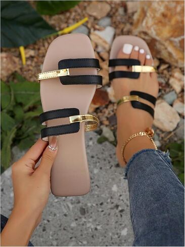 OYOANGLE Women's Metallic Cut Out Square Toe Sandals Dressy PU Leather Slip on Flats in Saudi Arabia