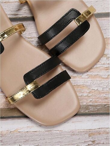 OYOANGLE Women's Metallic Cut Out Square Toe Sandals Dressy PU Leather Slip on Flats in Saudi Arabia