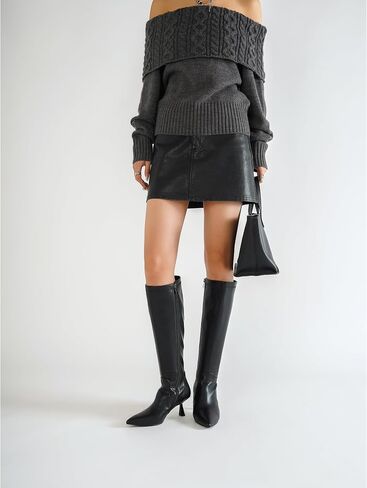 Knee High Boots Women Kitten Heels Pointed Toe Faux Leather Side Zipper Boots Sexy Stiletto Heeled Fall Long Tall Dress Boot in Saudi Arabia