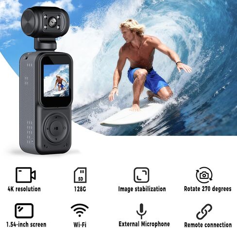 كاميرا الجسم بدقة 4K مع ميكروفون، وكاميرا فيديو وصوت صغيرة، بدقة 4K/60 إطارًا في الثانية مع عدسة دوارة بزاوية 270 درجة، ودعم ميكروفون خارجي، وخيارات المشبك/الحزام، وتثبيت للاجتماعات، والاستخدام اليومي (128 جيجابايت) in Kuwait