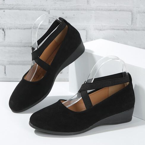 Women's Dress Flats Ballet Low Wedge Round Toe Fashion Elastic Ankle Strap Comfortable Casual Flats Shoes in Saudi Arabia