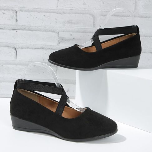 Women's Dress Flats Ballet Low Wedge Round Toe Fashion Elastic Ankle Strap Comfortable Casual Flats Shoes in Saudi Arabia