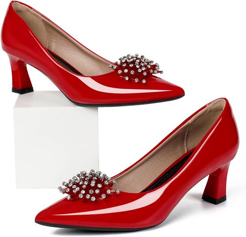 Kitten Heels for Women Comfortable Slip On Leather Rhinestone Pointed Toe Womens Pumps Dress Shoes for Party Wedding in Kuwait