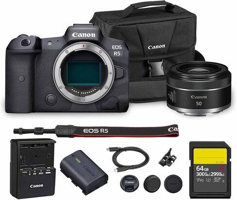 Canon EOS R5 Mirrorless Camera | 45MP Full Frame Sensor 8K Video | in-Body Image Stabilization and Dual Pixel AF for Hybrid Creators (4147C002) + Canon RF 50mm f/1.8 STM Lens + 64GB Card + Bag in Saudi Arabia
