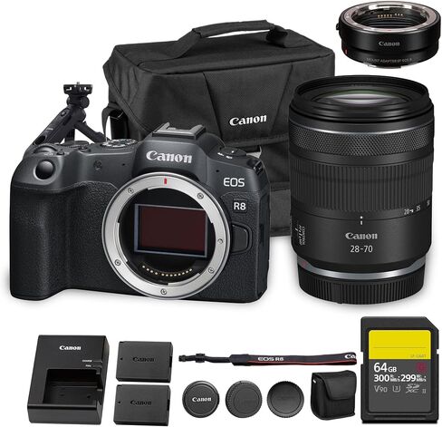كاميرا Canon EOS R8 بدون مرآة|مستشعر إطار كامل بدقة 24.2 ميجابكسل وفيديو بدقة 4K بدقة 60 بكسل|كاميرا هجينة صغيرة الحجم وخفيفة الوزن للسفر والمحتوى (5803C002) + عدسة Canon RF مقاس 28-70 مم + محول EF-EOS R + مقبض ثلاثي القوائم + المزيد in Saudi Arabia