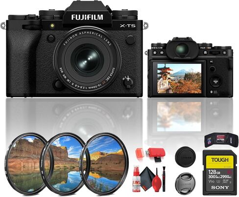 كاميرا Fujifilm X-T5 بدون مرآة مع عدسة XF 16-50 مم باللون الأسود (16842840) تتضمن الحزمة: بطاقة ذاكرة 128 جيجابايت، طقم فلتر 3 قطع، قارئ بطاقات، أغطية عدسات، مجموعة تنظيف كاملة in Saudi Arabia