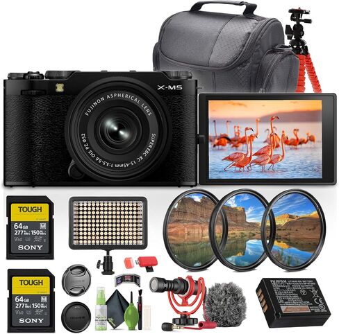 Fujifilm X-M5 Mirrorless Digital Camera with XC 15-45mm f/3.5-5.6 OIS PZ Lens Kit (Black) + 2X 64GB Memory Card + Rode VideoMicro Ultracompact Camera-Mount Microphone + LED Video Light + More in Saudi Arabia