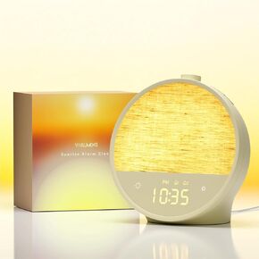 Vivilumens Wood Grain Sunrise Alarm Clock, Gentle Wake-Up Light Sound Machine, Dual Alarms for Heavy Sleepers, Natural Sounds, RGB Mood Light, Dimmable Bedside Night Lamp, Ideal for Bedroom & Gifts in Kuwait