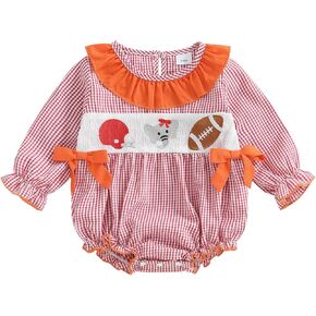 Baby Girl Football Smocked Outfit Plaid Rugby Animal Embroidered Crew Neck Long Sleeve Romper with Headband in Kuwait