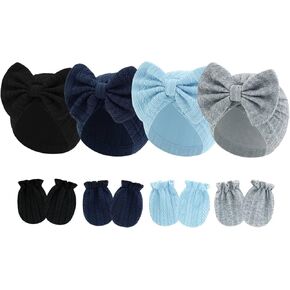 4 Pcs Newborn Hats Mittens Set Infant Cap Bow Hospital Beanie Preemie Hat for Baby Boy Girl 0-6 in Saudi Arabia
