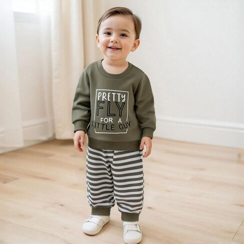 Toddler Baby Boy Clothes Letter Print Long Sleeve Sweatshirt Pullover Stripe Pants 2Pcs Fall Winter Outfits in Saudi Arabia