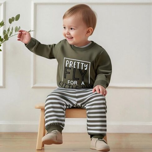 Toddler Baby Boy Clothes Letter Print Long Sleeve Sweatshirt Pullover Stripe Pants 2Pcs Fall Winter Outfits in Saudi Arabia