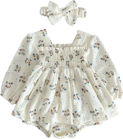 Baby Girl Long Sleeve Floral Romper & Bow - tie Headband Set - Ideal for 3M - 24M in Saudi Arabia